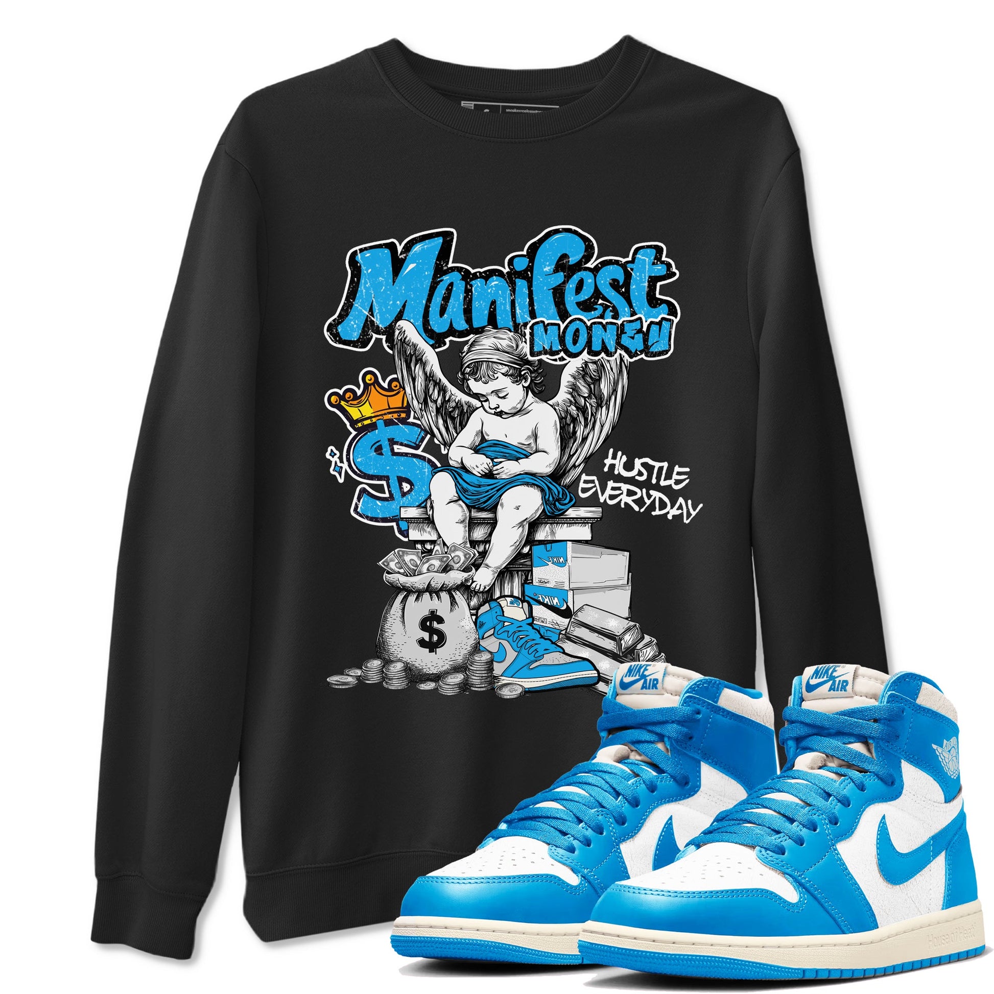 Manifest Money sneaker match t-shirt styled to complete your fit with the Air Jordan 1 UNC Reimagined sneakers, shown in Black 1.