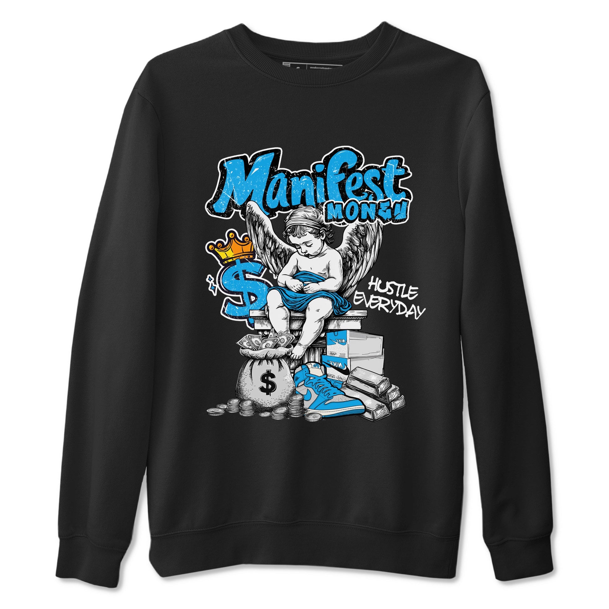 Manifest Money sneaker match t-shirt styled to complete your fit with the Air Jordan 1 UNC Reimagined sneakers, shown in Black 2.