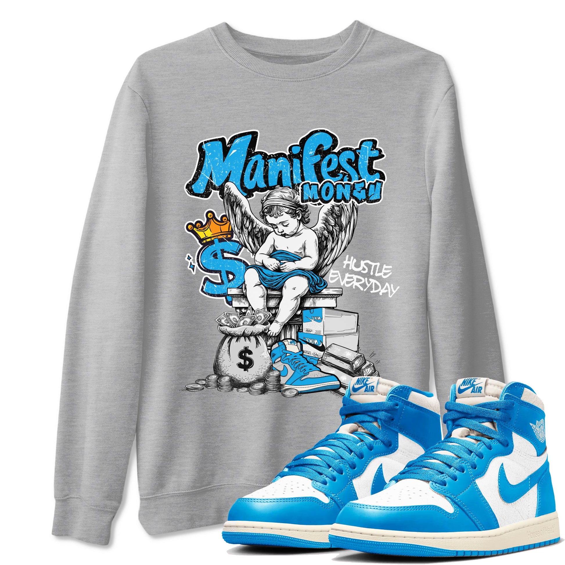 Manifest Money sneaker match t-shirt styled to complete your fit with the Air Jordan 1 UNC Reimagined sneakers, shown in Heather Grey 1.