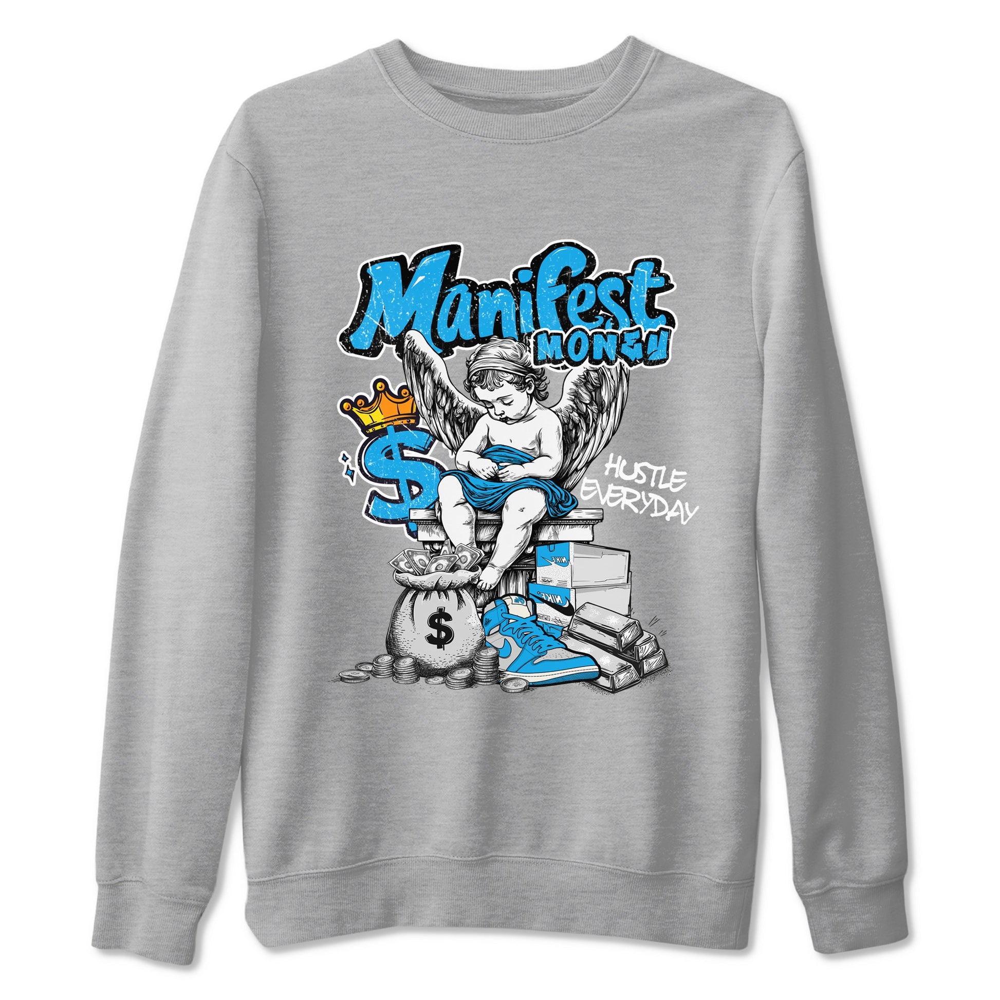 Manifest Money sneaker match t-shirt styled to complete your fit with the Air Jordan 1 UNC Reimagined sneakers, shown in Heather Grey 2.