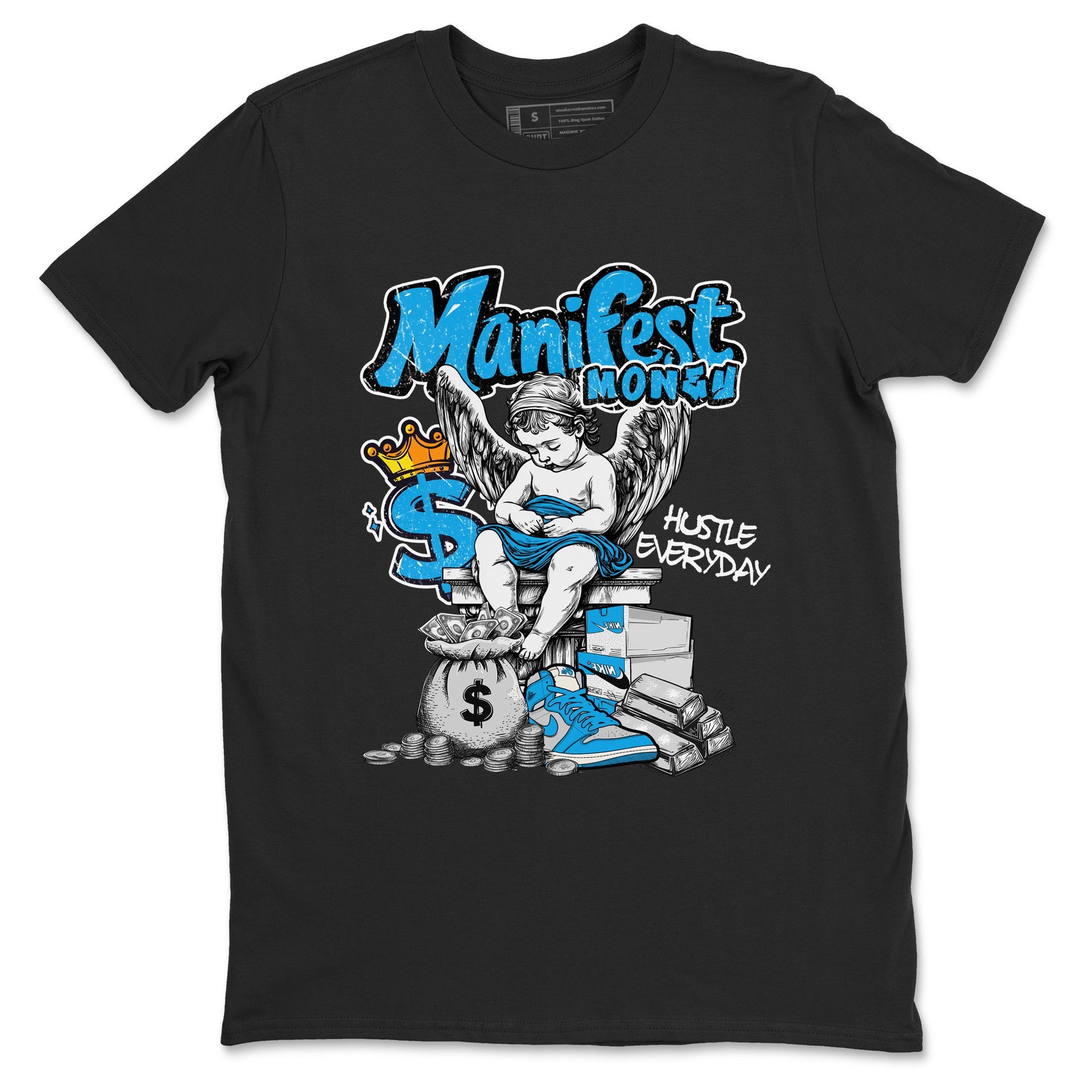Manifest Money sneaker match t-shirt styled to complete your fit with the Air Jordan 1 UNC Reimagined sneakers, shown in Black 2.