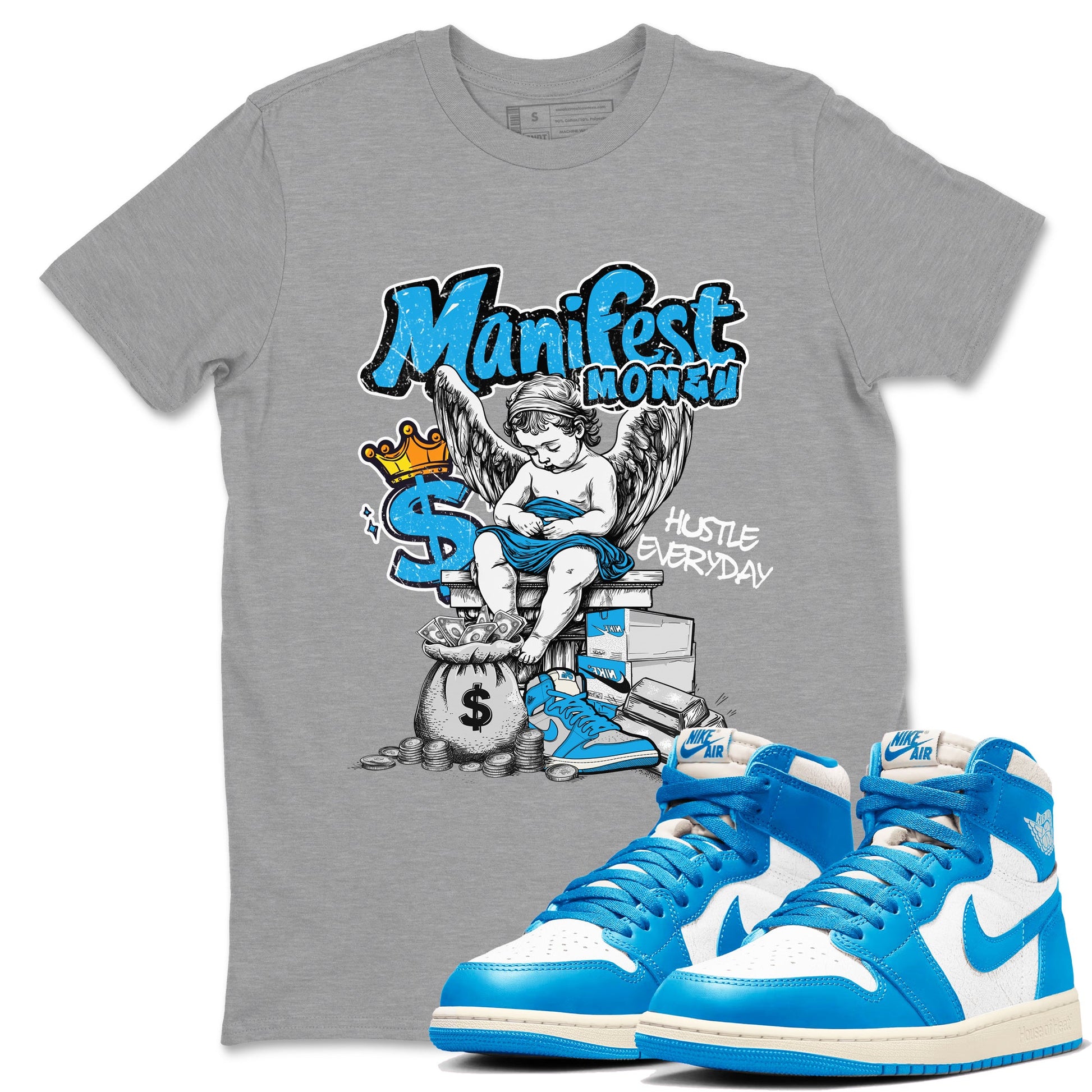 Manifest Money sneaker match t-shirt styled to complete your fit with the Air Jordan 1 UNC Reimagined sneakers, shown in Heather Grey 1.