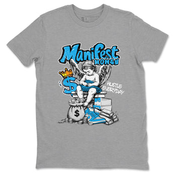Manifest Money sneaker match t-shirt styled to complete your fit with the Air Jordan 1 UNC Reimagined sneakers, shown in Heather Grey 2.