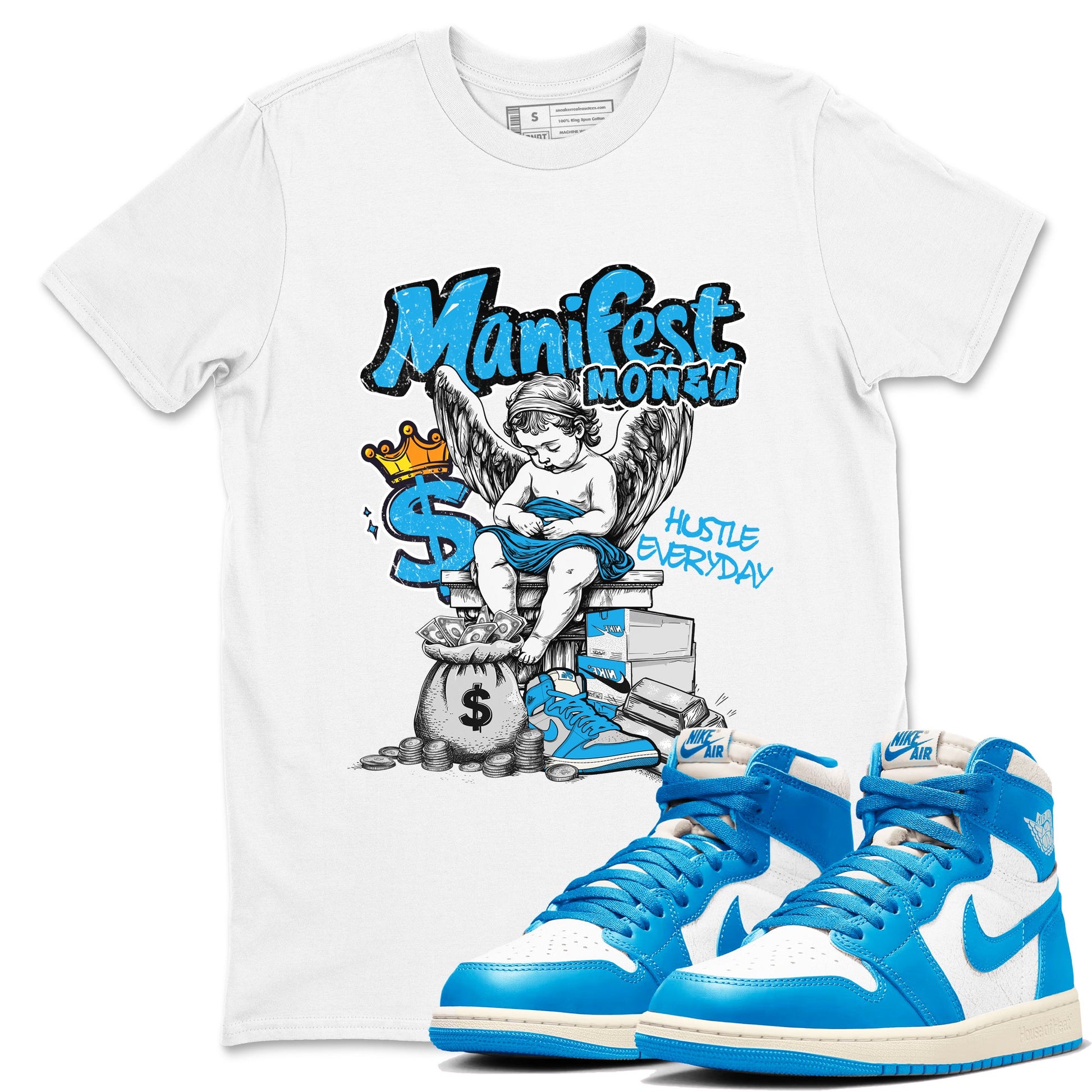 Manifest Money sneaker match t-shirt styled to complete your fit with the Air Jordan 1 UNC Reimagined sneakers, shown in White 1.