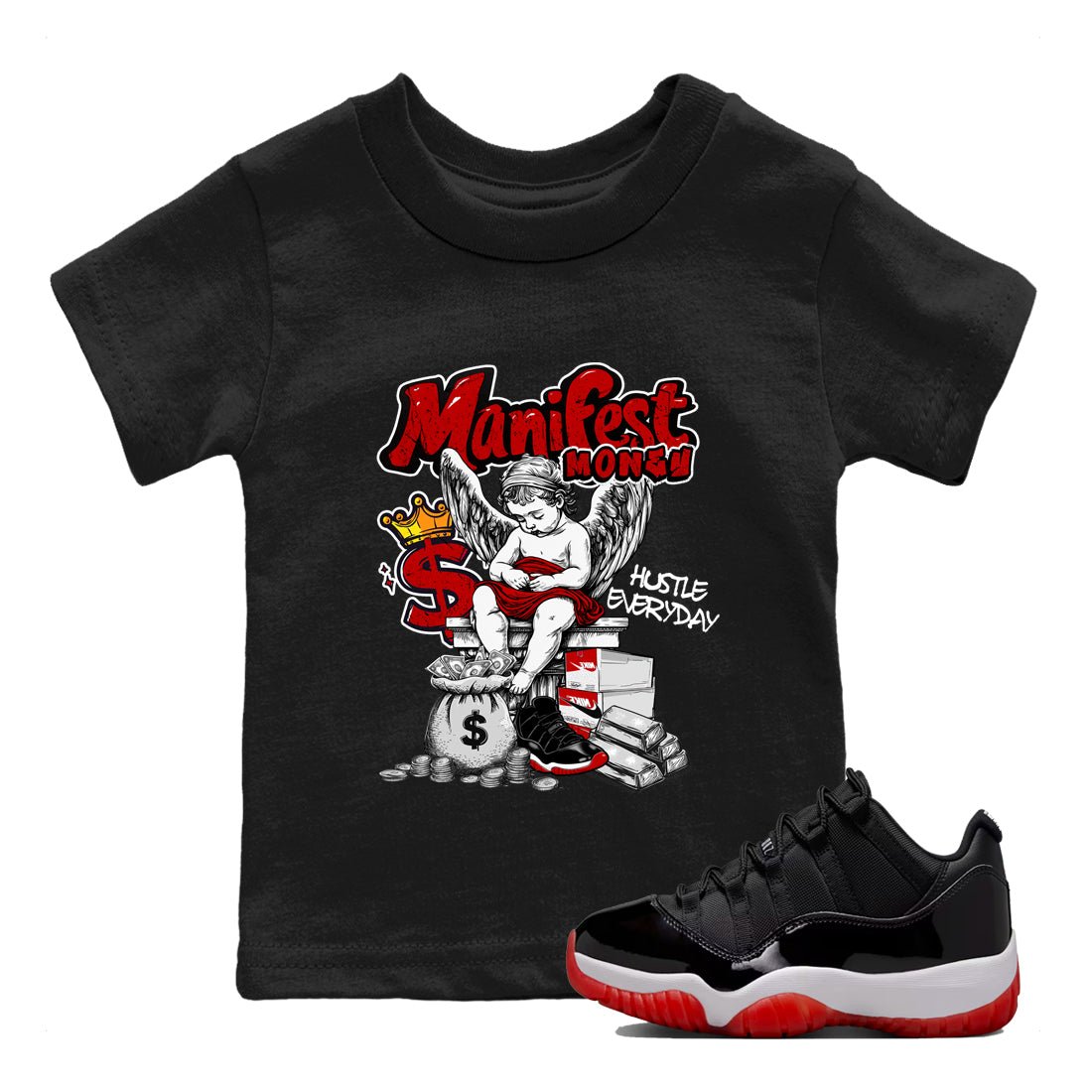 11s Bred shirts to match jordans Manifest Money sneaker match tees Air Jordan 11 Retro Bred match shoes to clothes SNRT Sneaker Tees Youth Baby Black 1 tee