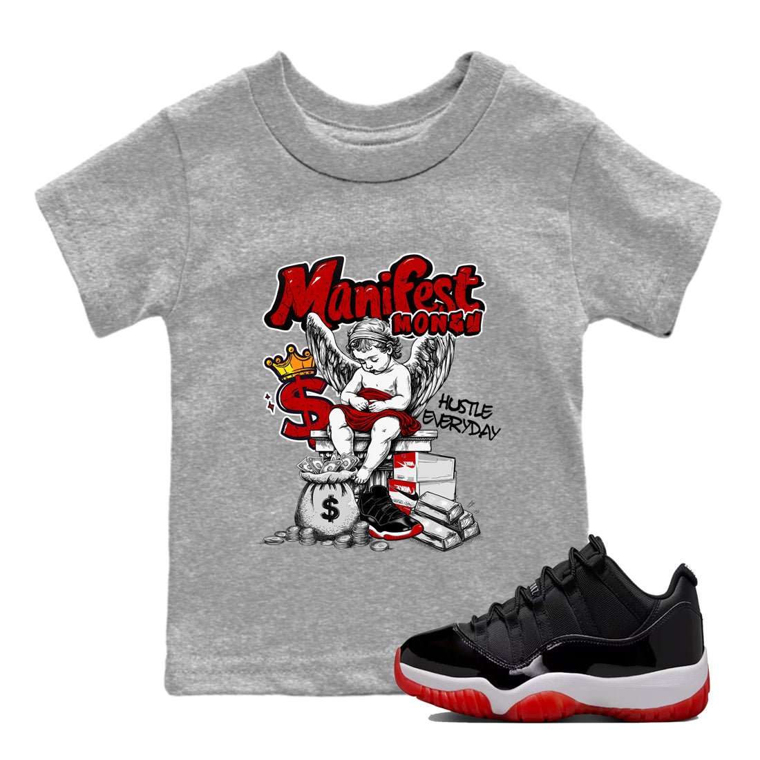 11s Bred shirts to match jordans Manifest Money sneaker match tees Air Jordan 11 Retro Bred match shoes to clothes SNRT Sneaker Tees Youth Baby Heather Grey 1 tee