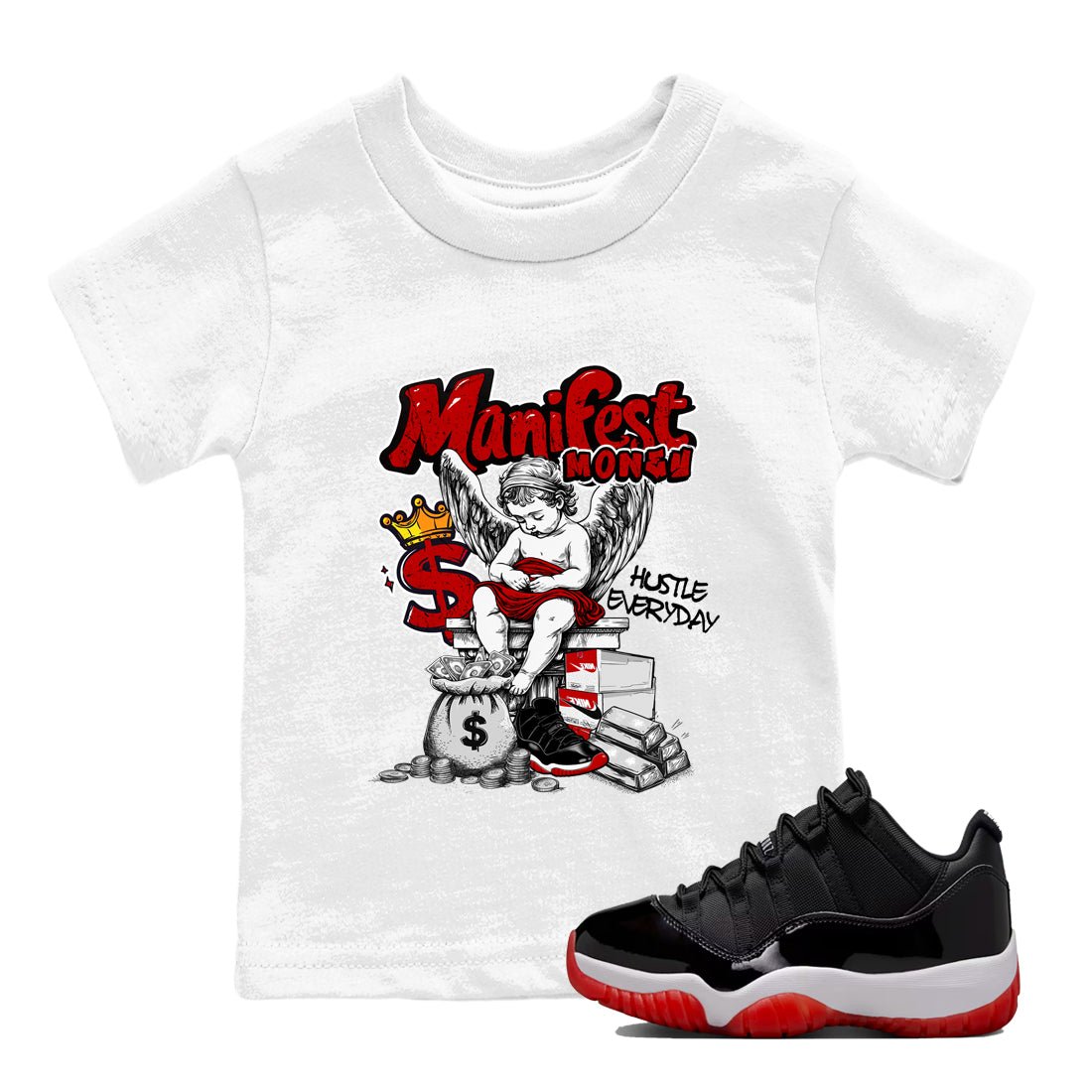 11s Bred shirts to match jordans Manifest Money sneaker match tees Air Jordan 11 Retro Bred match shoes to clothes SNRT Sneaker Tees Youth Baby White 1 tee