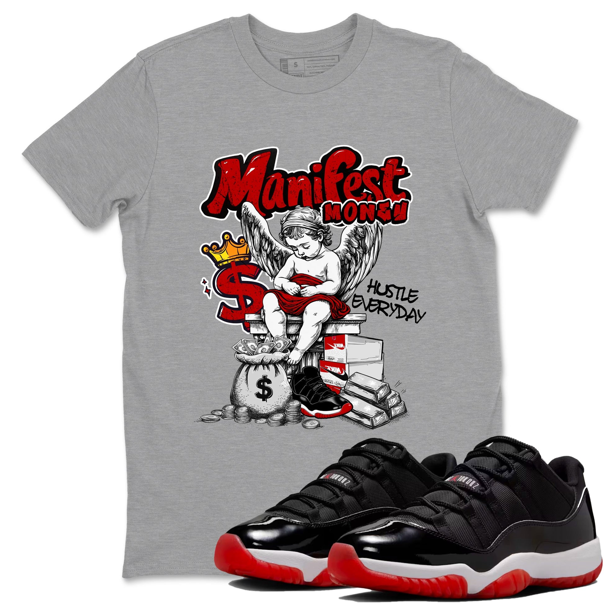 11s Bred shirts to match jordans Manifest Money sneaker match tees Air Jordan 11 Retro Bred match shoes to clothes SNRT Sneaker Tees unisex cotton Heather Grey 1 shirts