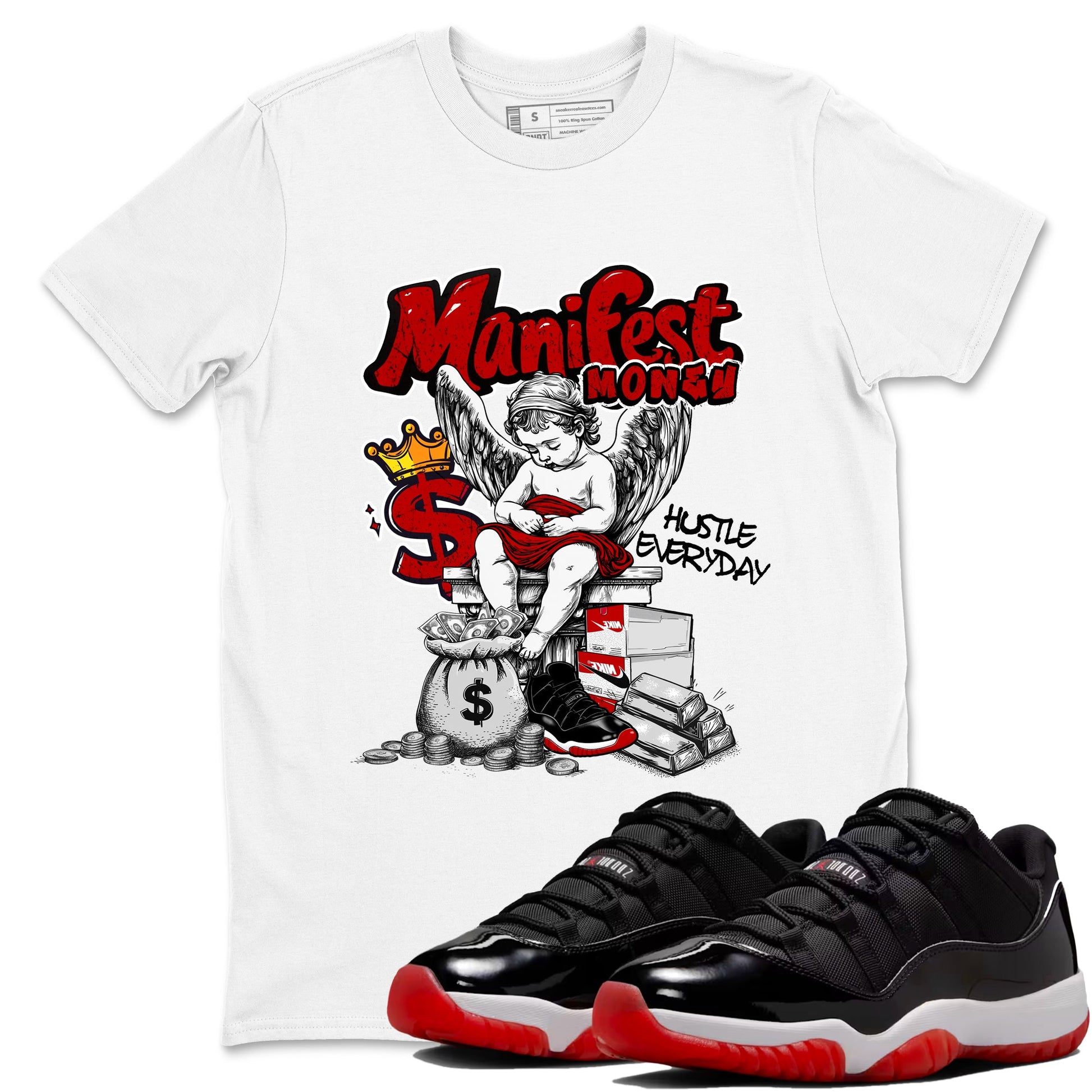 11s Bred shirts to match jordans Manifest Money sneaker match tees Air Jordan 11 Retro Bred match shoes to clothes SNRT Sneaker Tees unisex cotton White 1 shirts