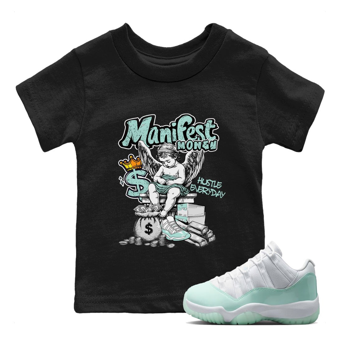 Manifest Money baby and kids t-shirt crafted for little sneakerheads to shine with the Air Jordan 11 Igloo sneakers, displayed in Black 1.
