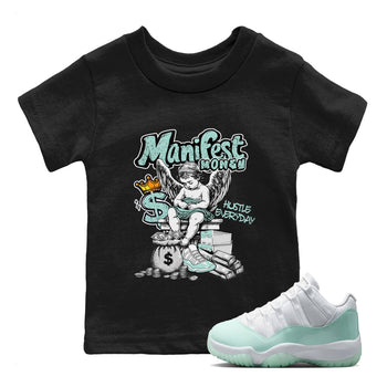 Manifest Money baby and kids t-shirt crafted for little sneakerheads to shine with the Air Jordan 11 Igloo sneakers, displayed in Black 1.