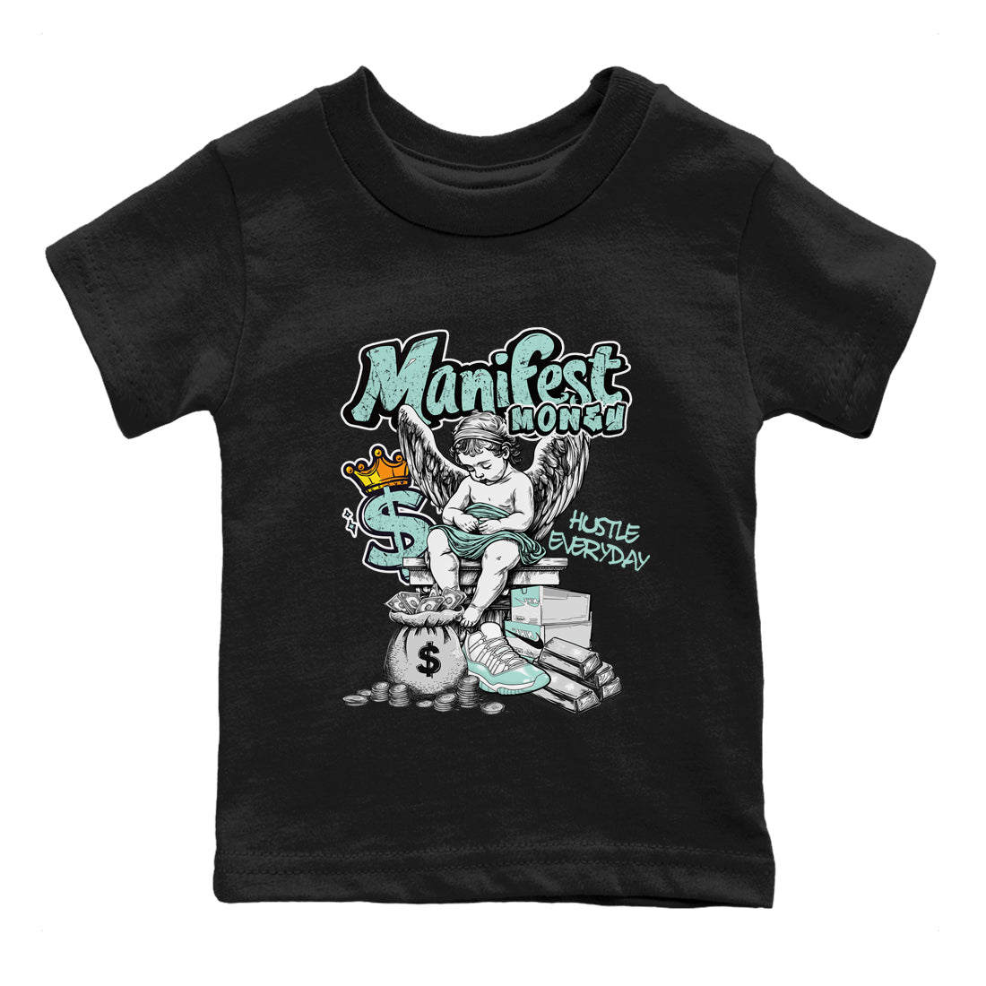 Manifest Money baby and kids t-shirt crafted for little sneakerheads to shine with the Air Jordan 11 Igloo sneakers, displayed in Black 2.