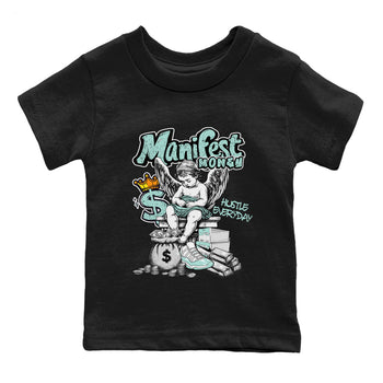 Manifest Money baby and kids t-shirt crafted for little sneakerheads to shine with the Air Jordan 11 Igloo sneakers, displayed in Black 2.