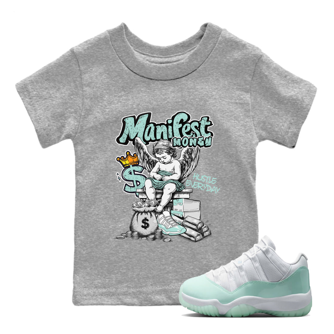 Manifest Money baby and kids t-shirt crafted for little sneakerheads to shine with the Air Jordan 11 Igloo sneakers, displayed in Heather Grey 1.