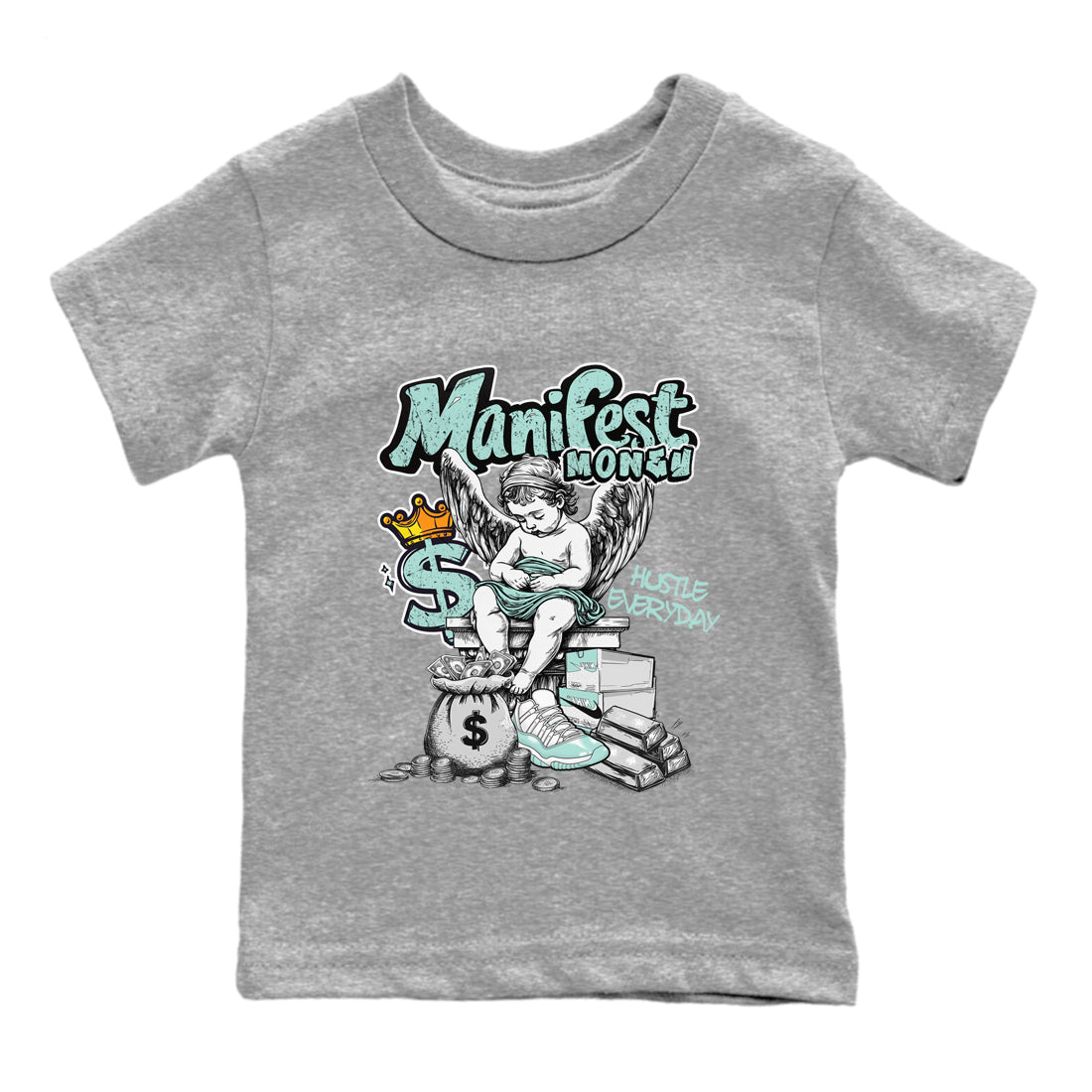 Manifest Money baby and kids t-shirt crafted for little sneakerheads to shine with the Air Jordan 11 Igloo sneakers, displayed in Heather Grey 2.