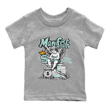 Manifest Money baby and kids t-shirt crafted for little sneakerheads to shine with the Air Jordan 11 Igloo sneakers, displayed in Heather Grey 2.
