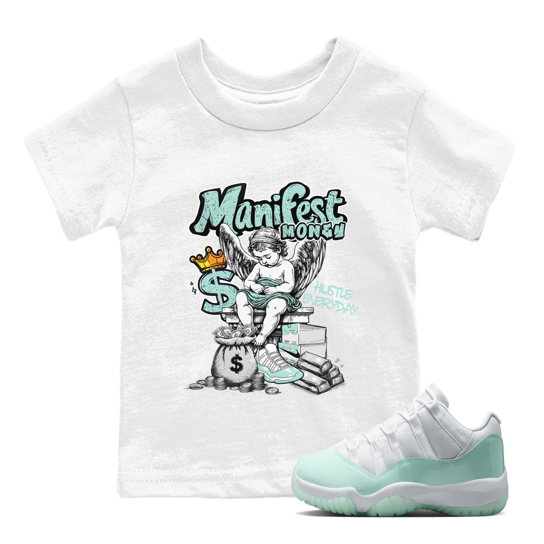 Manifest Money baby and kids t-shirt crafted for little sneakerheads to shine with the Air Jordan 11 Igloo sneakers, displayed in White 1.
