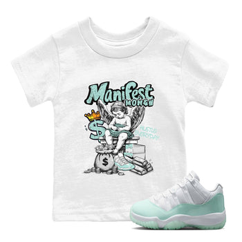 Manifest Money baby and kids t-shirt crafted for little sneakerheads to shine with the Air Jordan 11 Igloo sneakers, displayed in White 1.