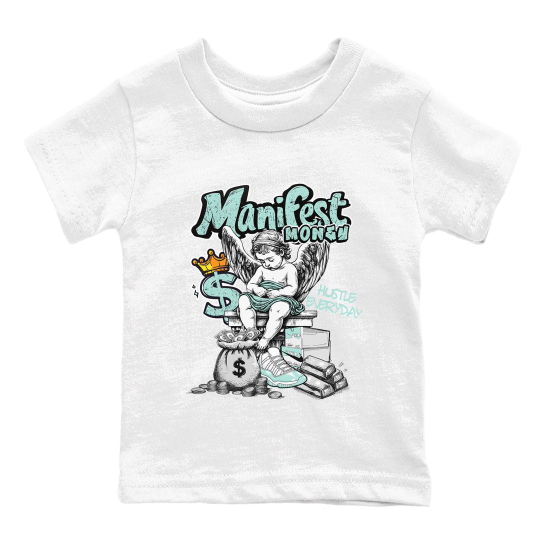 Manifest Money baby and kids t-shirt crafted for little sneakerheads to shine with the Air Jordan 11 Igloo sneakers, displayed in White 2.