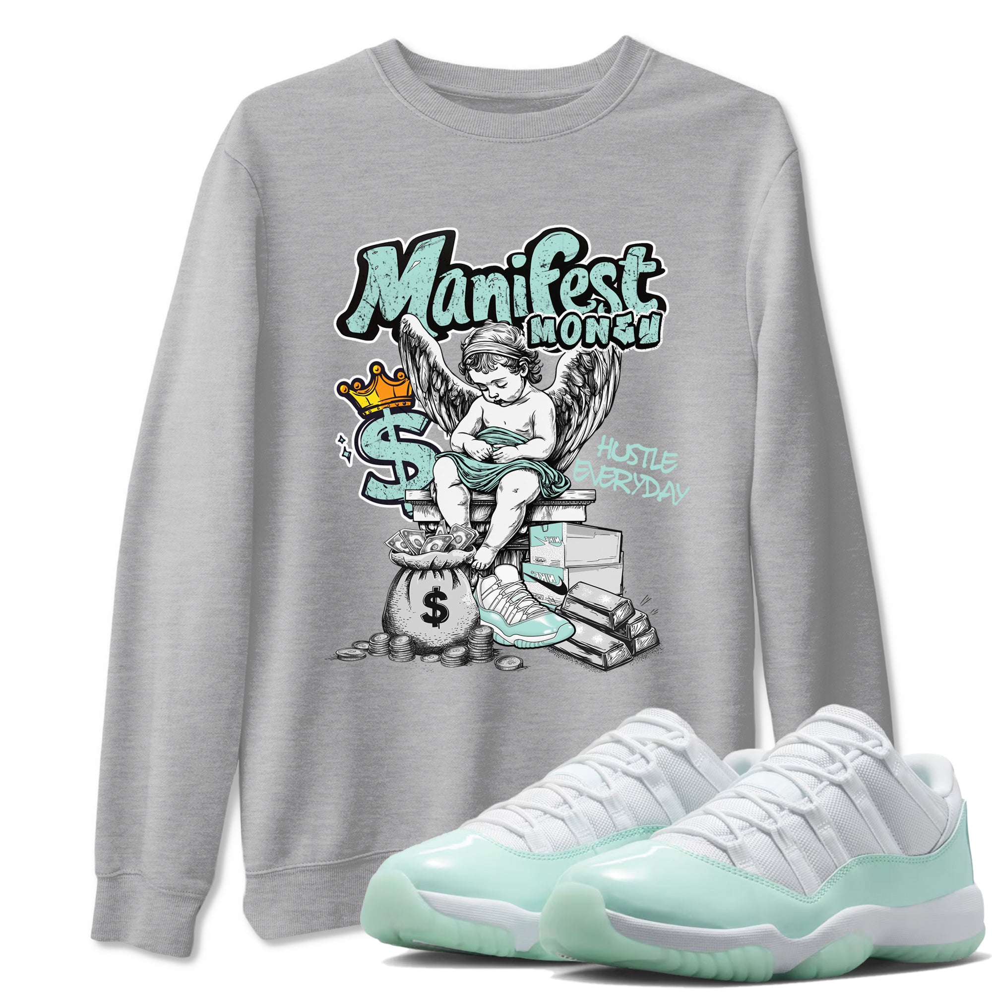 Manifest Money sneaker match t-shirt styled to complete your fit with the Air Jordan 11 Igloo sneakers, shown in Heather Grey 1.