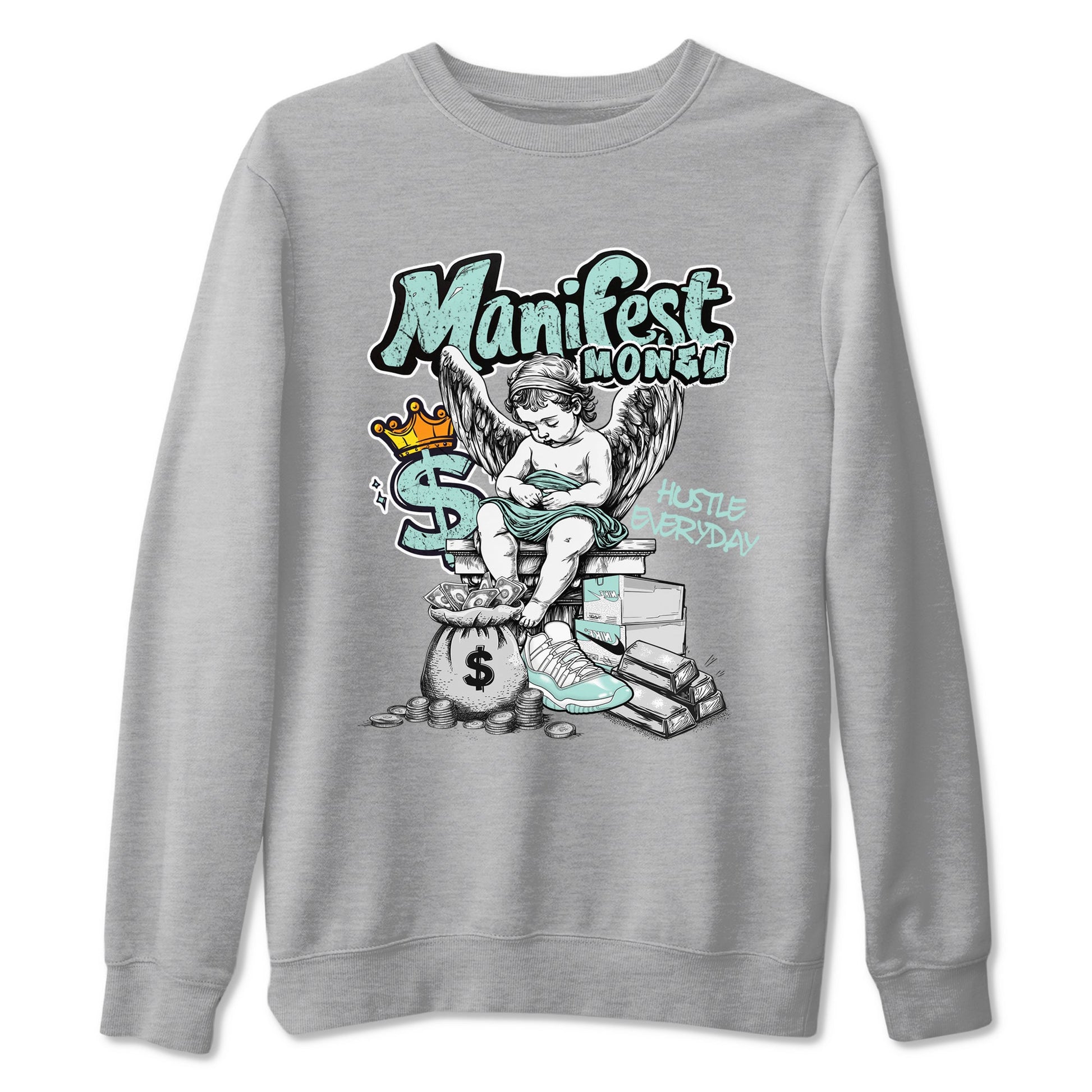 Manifest Money sneaker match t-shirt styled to complete your fit with the Air Jordan 11 Igloo sneakers, shown in Heather Grey 2.