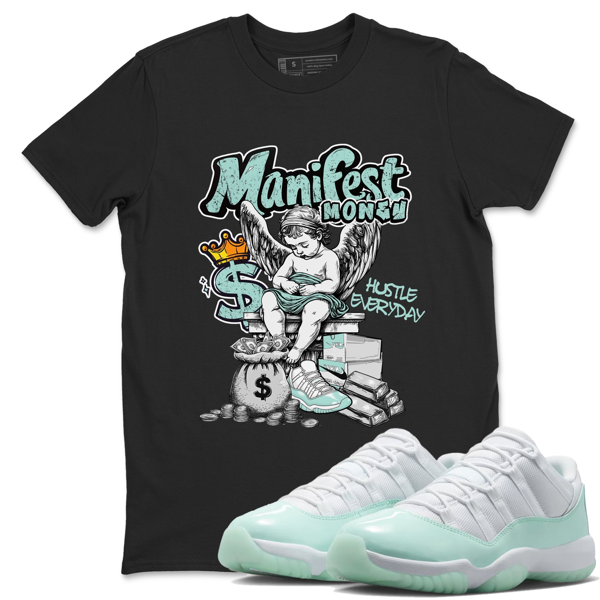 Manifest Money sneaker match t-shirt styled to complete your fit with the Air Jordan 11 Igloo sneakers, shown in Black 1.