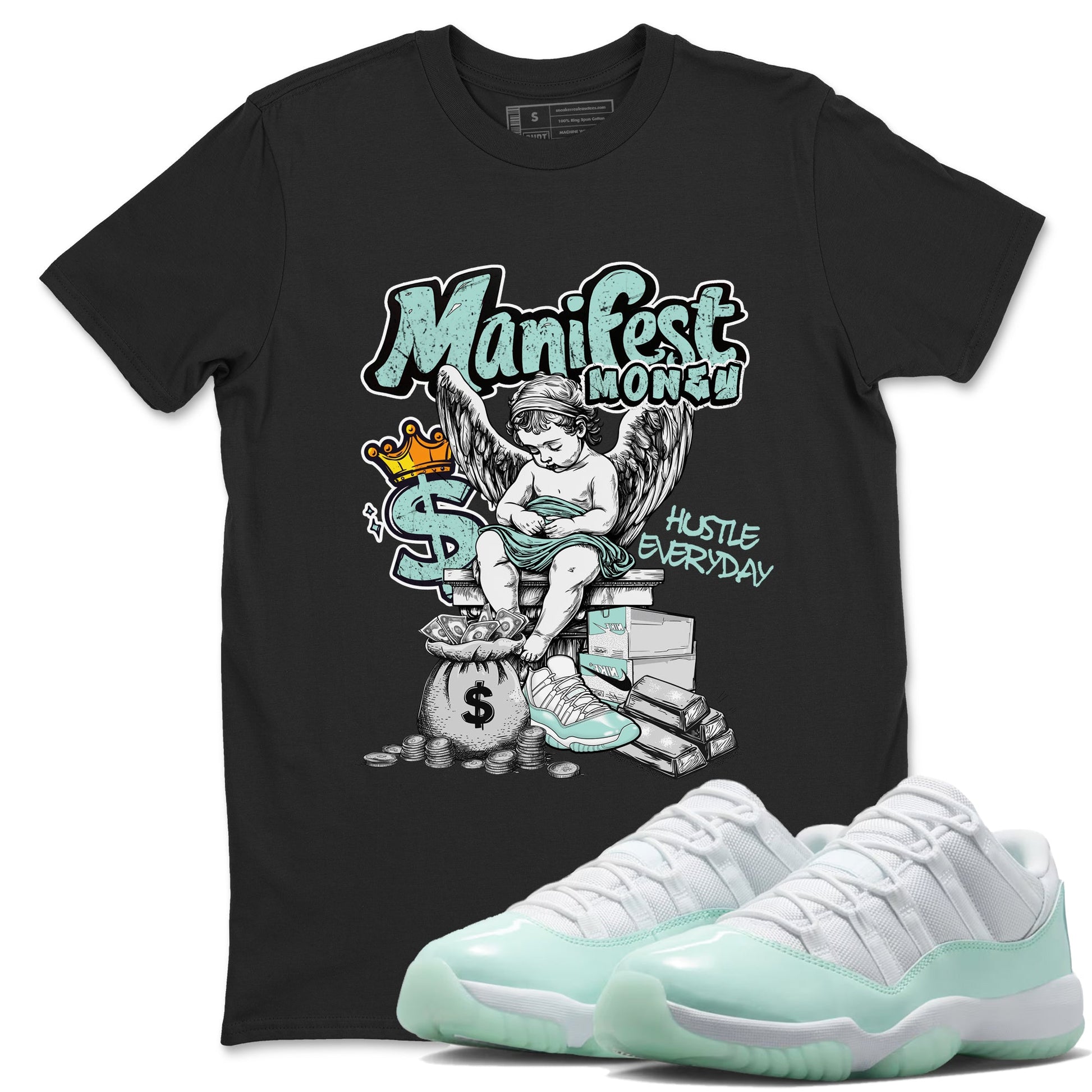 Manifest Money sneaker match t-shirt styled to complete your fit with the Air Jordan 11 Igloo sneakers, shown in Black 1.