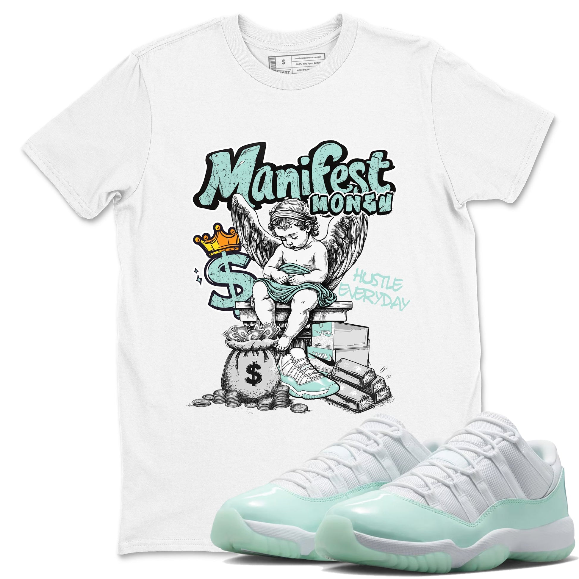 Manifest Money sneaker match t-shirt styled to complete your fit with the Air Jordan 11 Igloo sneakers, shown in White 1.