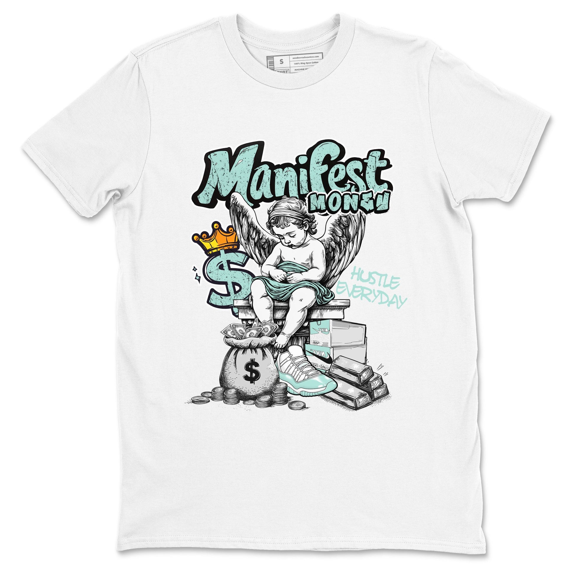 Manifest Money sneaker match t-shirt styled to complete your fit with the Air Jordan 11 Igloo sneakers, shown in White 2.