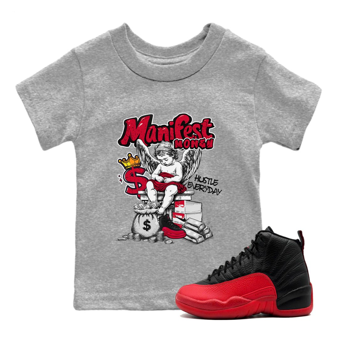 12s Retro Flu Game shirts to match jordans Manifest Money best t shirts to wear with jordans Air Jordan 12 Black and Varsity Red match shoes to clothes SNRT Sneaker Tees Youth Baby Heather Grey 1 tee