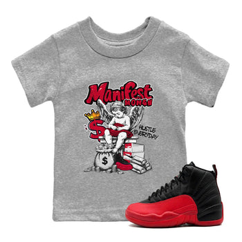 12s Retro Flu Game shirts to match jordans Manifest Money best t shirts to wear with jordans Air Jordan 12 Black and Varsity Red match shoes to clothes SNRT Sneaker Tees Youth Baby Heather Grey 1 tee