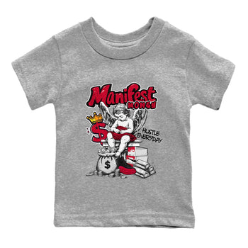 12s Retro Flu Game shirts to match jordans Manifest Money best t shirts to wear with jordans Air Jordan 12 Black and Varsity Red match shoes to clothes SNRT Sneaker Tees Youth Baby Heather Grey 2 tee