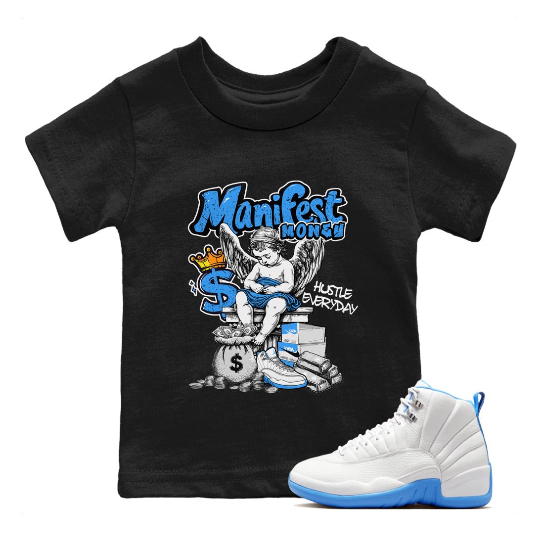 Manifest Money baby and kids t-shirt crafted for little sneakerheads to shine with the Air Jordan 12 White and University Blue sneakers, displayed in Black 1.