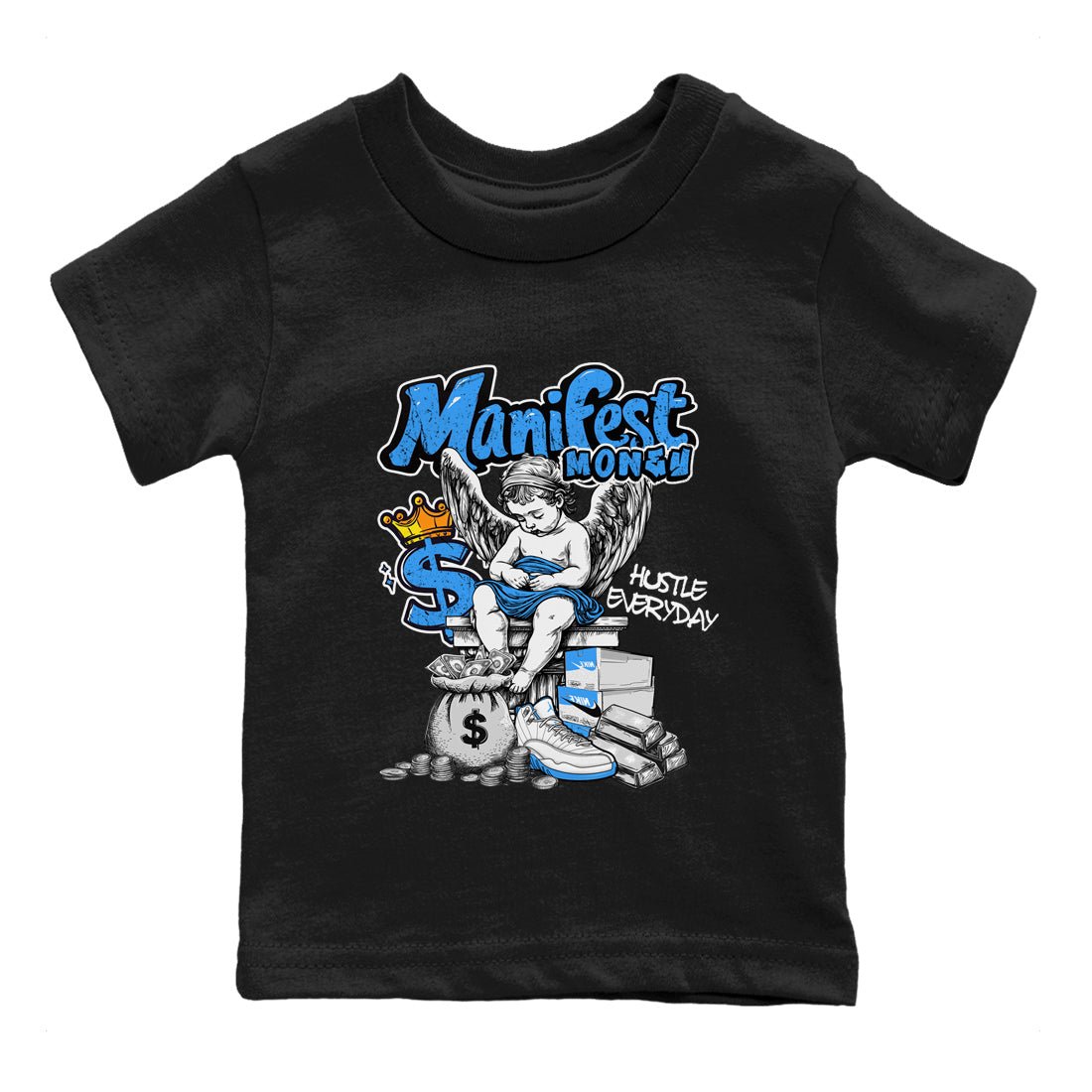 Manifest Money baby and kids t-shirt crafted for little sneakerheads to shine with the Air Jordan 12 White and University Blue sneakers, displayed in Black 2.