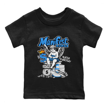 Manifest Money baby and kids t-shirt crafted for little sneakerheads to shine with the Air Jordan 12 White and University Blue sneakers, displayed in Black 2.