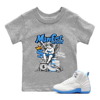 Manifest Money baby and kids t-shirt crafted for little sneakerheads to shine with the Air Jordan 12 White and University Blue sneakers, displayed in Heather Grey 1.