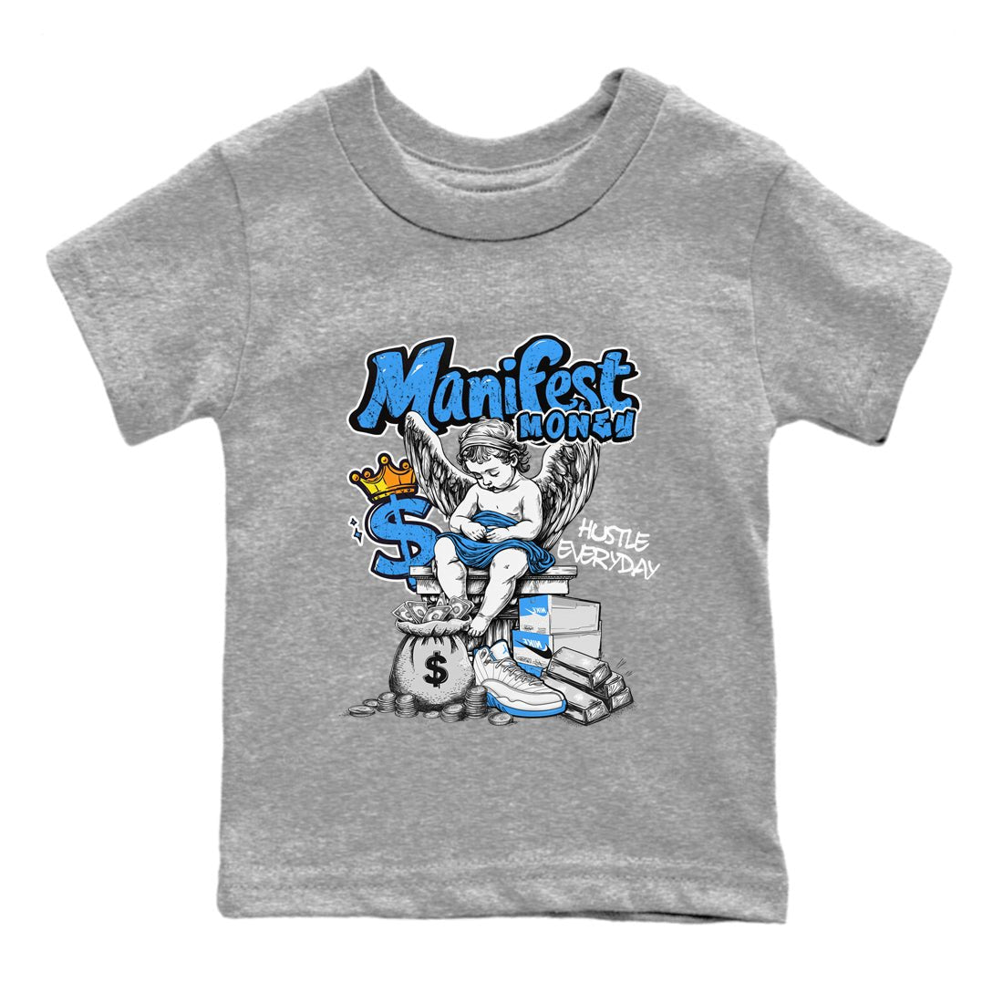Manifest Money baby and kids t-shirt crafted for little sneakerheads to shine with the Air Jordan 12 White and University Blue sneakers, displayed in Heather Grey 2.