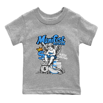 Manifest Money baby and kids t-shirt crafted for little sneakerheads to shine with the Air Jordan 12 White and University Blue sneakers, displayed in Heather Grey 2.