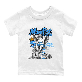 Manifest Money baby and kids t-shirt crafted for little sneakerheads to shine with the Air Jordan 12 White and University Blue sneakers, displayed in White 2.