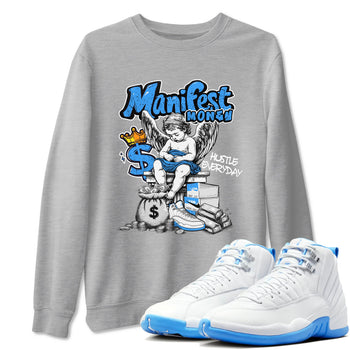 Manifest Money sneaker match t-shirt styled to complete your fit with the Air Jordan 12 White and University Blue sneakers, shown in Heather Grey 1.