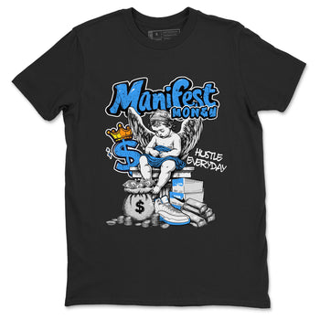Manifest Money sneaker match t-shirt styled to complete your fit with the Air Jordan 12 White and University Blue sneakers, shown in Black 2.