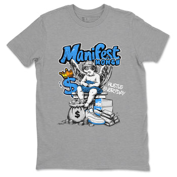 Manifest Money sneaker match t-shirt styled to complete your fit with the Air Jordan 12 White and University Blue sneakers, shown in Heather Grey 2.