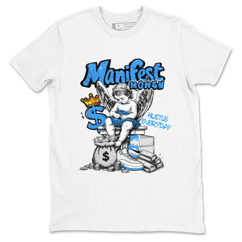 Manifest Money sneaker match t-shirt styled to complete your fit with the Air Jordan 12 White and University Blue sneakers, shown in White 2.