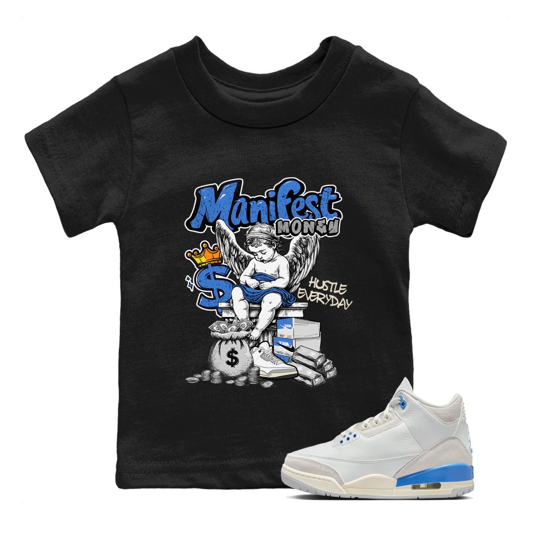 3s Lucky Shorts shirts to match jordans Manifest Money best t shirts to wear with jordans Air Jordan 3 Lucky Shorts match shoes to clothes SNRT Sneaker Tees Youth Baby Black 1 tee