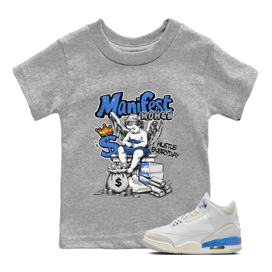 3s Lucky Shorts shirts to match jordans Manifest Money best t shirts to wear with jordans Air Jordan 3 Lucky Shorts match shoes to clothes SNRT Sneaker Tees Youth Baby Heather Grey 1 tee