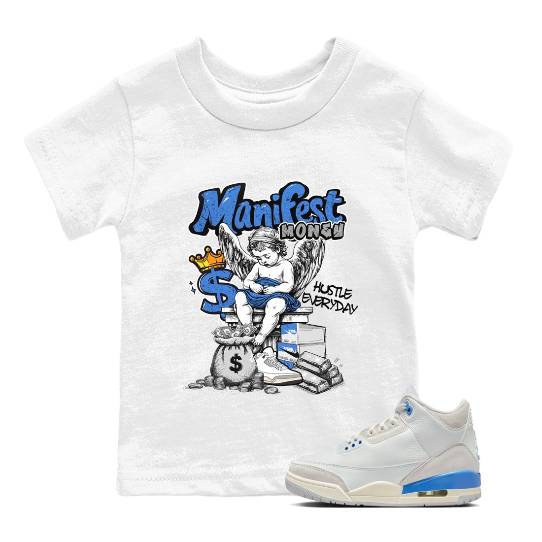 3s Lucky Shorts shirts to match jordans Manifest Money best t shirts to wear with jordans Air Jordan 3 Lucky Shorts match shoes to clothes SNRT Sneaker Tees Youth Baby White 1 tee