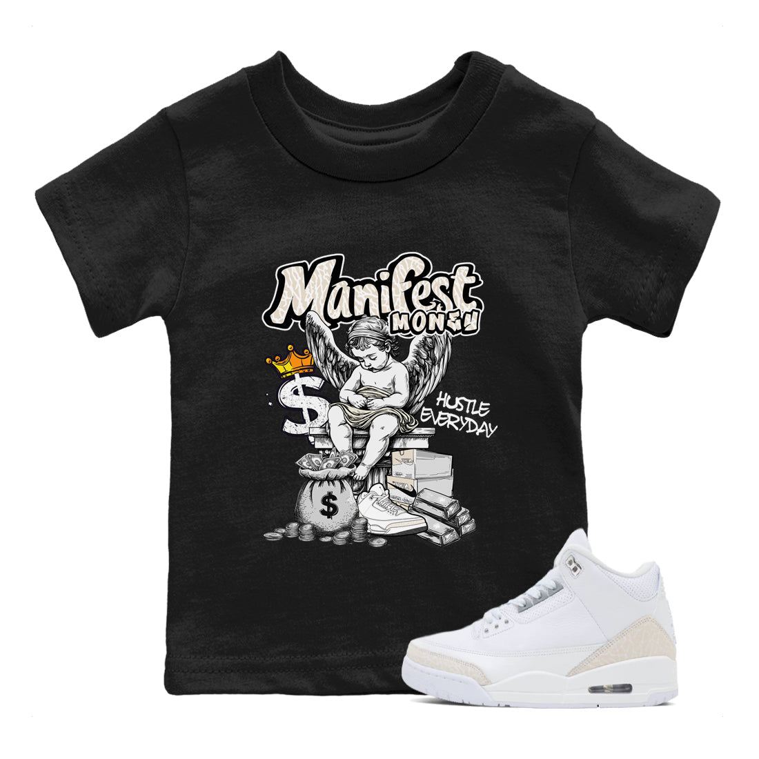 Manifest Money baby and kids t-shirt crafted for little sneakerheads to shine with the Air Jordan 3 Pure Money sneakers, displayed in Black 1.