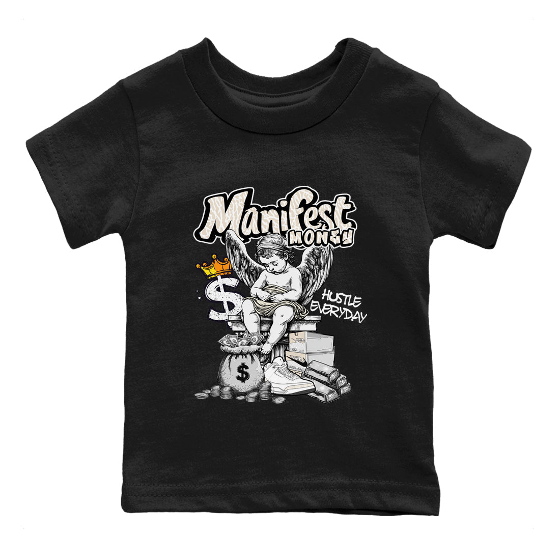 Manifest Money baby and kids t-shirt crafted for little sneakerheads to shine with the Air Jordan 3 Pure Money sneakers, displayed in Black 2.