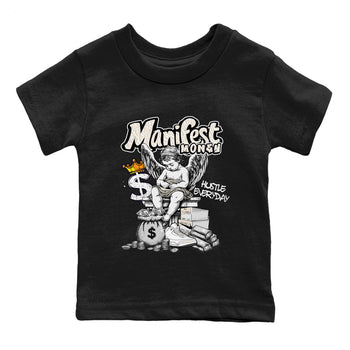 Manifest Money baby and kids t-shirt crafted for little sneakerheads to shine with the Air Jordan 3 Pure Money sneakers, displayed in Black 2.