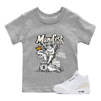 Manifest Money baby and kids t-shirt crafted for little sneakerheads to shine with the Air Jordan 3 Pure Money sneakers, displayed in Heather Grey 1.